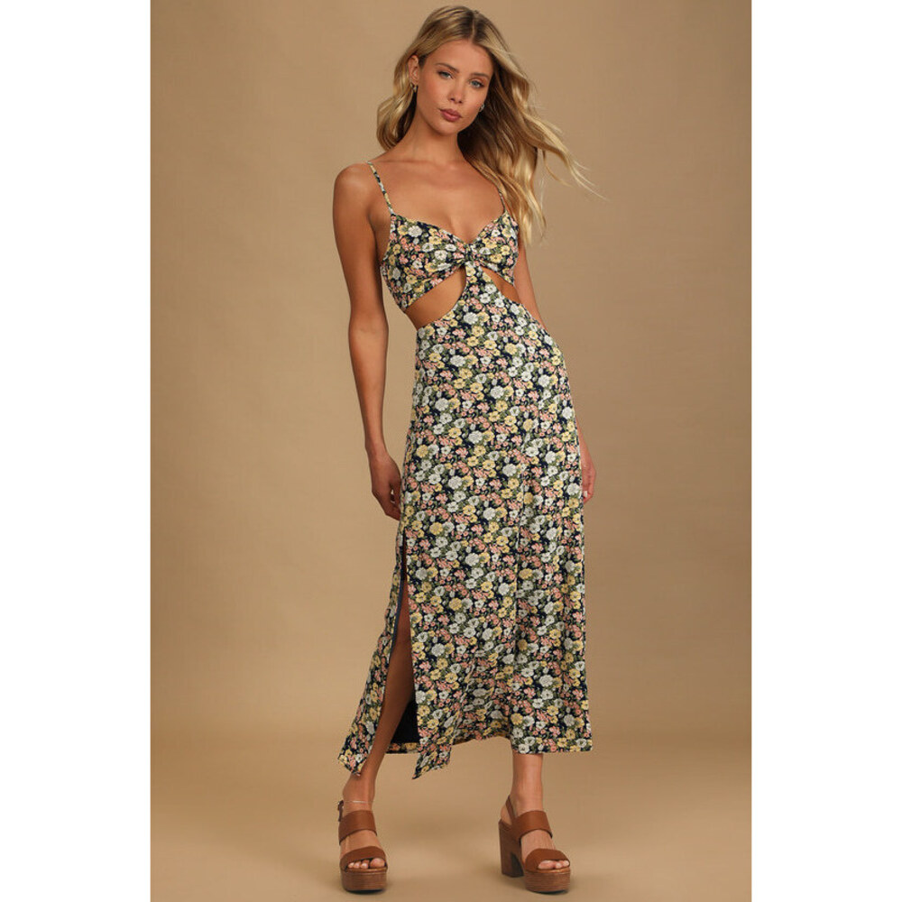 Lulus It's A Perfect Pick Navy Blue Floral Print Cutout Maxi Dress - Size S